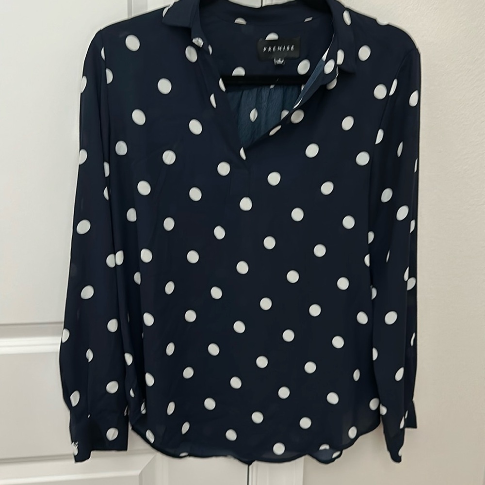Premise navy blue and white polka dot long sleeve blouse, small